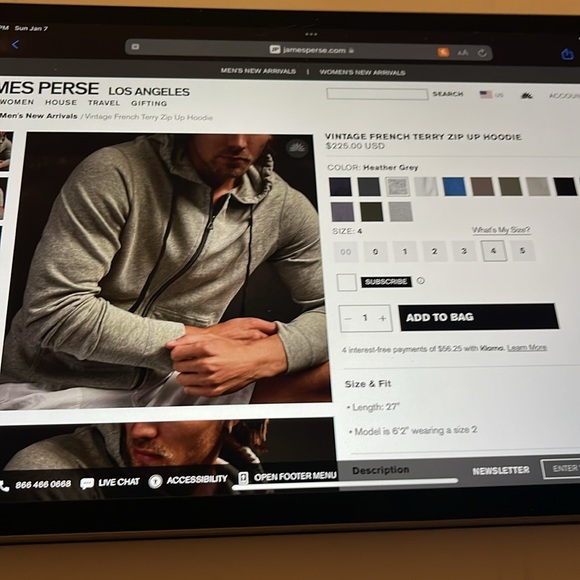 Men’s James Perse vintage french terry zip up hoodie sz 4 - Picture 4 of 4